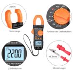 Orange-schwarze Proster Stromzange mit beleuchtetem LCD, geöffneten Messbacken, Messleitungen, Krokodilklemmen und Aufbewahrungstasche