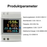 Weisser Hutschienen-Stromzähler KETOTEK D52-2047HD mit farbigem LC-Display, das Watt, Kilowattstunden, Spannung, Frequenz, Strom und Leistungsfaktor zeigt