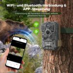 Wildkamera DEATTI DET-T4 im Tarnmuster mit Objektiv, Bewegungssensor und Infrarot-LEDs, daneben acht AA-Batterien