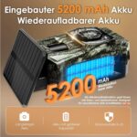 Solar-Wildkamera MAXDONE PH970S mit aufgesetztem Solarpanel, Objektiv und Infrarot-LEDs, Gehäuse im Tarnmuster
