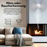 Flacher runder weisser Rauch- und Hitzemelder von Aroha mit seitlichem Lüftungsgitter für die Deckenmontage