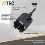 Schwarze Diamant-Bohrkrone von BTEC mit 82 mm Durchmesser, eingeschraubtem SDS-plus-Adapter und separatem Zentrierbohrer