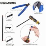 Blaue Ratschen-Crimpzange, Koaxial-Abisolierzange, Seitenschneider, Schraubendreher und zehn BNC- und UHF-Crimpstecker aus dem Koaxial-Werkzeugset