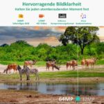 Wildkamera GardePro E8 im Tarnmuster mit Antenne, daneben ein Smartphone mit dem Livebild der Kamera