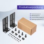 Zwei schwarze Montagewinkel aus Metall mit Langlöchern für 19-Zoll-Racks, daneben Schrauben in M3, M4 und M6 sowie vier Druckknöpfe