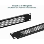 Fünf schwarze belüftete Blindplatten von einer Höheneinheit für 19-Zoll-Racks mit Lochblech und Befestigungslaschen