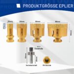 Vier goldfarbene Diamantbohrkronen von SHDIATOOL mit 20, 35, 50 und 68 mm Durchmesser und M14-Gewinde neben dem Sechskant-Schaftadapter