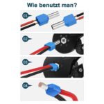 Offene Sortimentsbox mit 750 isolierten Zwillingsaderendhülsen von Lytool in acht Farben, davor eine Reihe einzelner Doppelhülsen