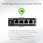 Schwarzer Netgear GS308EP PoE-Switch im Metallgehäuse mit acht RJ45-Buchsen und grünen Status-LEDs