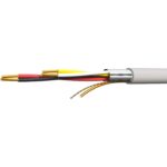 Grauer Ring Fernmeldeleitung J-Y(ST)Y 2x2x0,6 von HB-DIGITAL mit Etikett 25 m, daneben ein abgemanteltes Leitungsende mit vier farbigen Adern und Alu-Folienschirm
