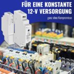Weisses Hutschienen-Netzteil von Poppstar mit 18 mm Baubreite, Typenschild mit 12 V und 1,25 A, Einstellpotentiometer oben und Schraubklemmen N und L unten