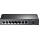 Schwarzer TP-Link TL-SG1008P PoE-Switch im flachen Metallgehäuse mit acht RJ45-Buchsen auf der Rückseite