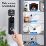 Schwarzer PHYSEN Steckdosen-Empfänger mit blau leuchtendem Ring und der zugehörige Funksender mit Anschlussleitung