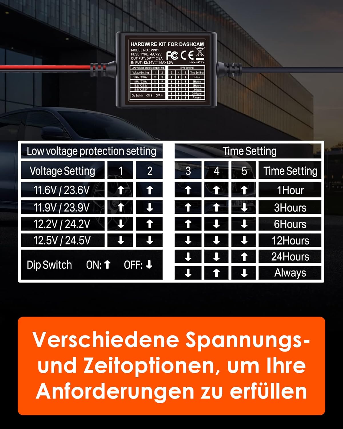 Einstelltabelle des VanTRUE Hardwire-Kits: vier Abschaltspannungen und sechs Aufnahmezeiten per DIP-Schalter
