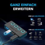 Schwarzer SABRENT USB-Hub mit vier USB-A-Anschlüssen, einzelnen Schaltern und blau markierten Ports.