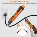 Orange-schwarzer Proster PST224 Spannungsprüfer in Stiftform mit Prüfspitze, LED-Anzeigen, Tasten und Taschenclip.