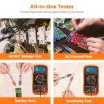 Gelb-schwarzes ULTRICS Digitalmultimeter mit Messleitungen, Batterie und beleuchtetem Display.