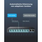 Schwarzer Reolink RLA-PS1 PoE-Switch im Metallgehäuse mit acht PoE-Buchsen und zwei blau markierten Uplink-Ports