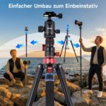 Schwarz-rotes Rollei Aluminiumstativ Compact Traveler No.2 XL mit Kugelkopf, horizontal ausgeklapptem Auslegearm und Smartphone-Halterung