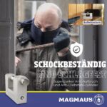 Silbernes Blockschloss Magmaus RTL50 aus Edelstahl mit gerader Riegelstange und drei blauen Schlüsseln