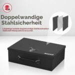 Schwarze Honeywell Dokumentenkassette 6104 aus Stahl mit Tragegriff und Schlüsselschloss, Deckel geöffnet