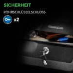 Graue SentrySafe Feuerschutzkassette CHW30220 mit geöffnetem Deckel, Organizer und Rohrschlüsselschloss
