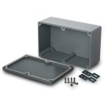 Dunkelgraues Aluminiumgehäuse von edi-tronic, 188 x 120 x 78 mm, mit abgenommenem Deckel und Flachdichtung