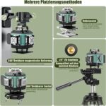 Grün-schwarzer Kreuzlinienlaser mit vier Austrittsfenstern auf Drehsockel, daneben Hartschalenkoffer, zwei Wechselakkus, Fernbedienung, Magnethalter und Mini-Stativ