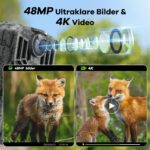 Wildkamera DEATTI DET-T4 im Tarnmuster mit Objektiv, Bewegungssensor und Infrarot-LEDs, daneben acht AA-Batterien