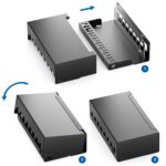 Schwarzes deleyCON Patchpanel mit acht RJ45-Keystone-Modulen aus Metall und Kabelbindern