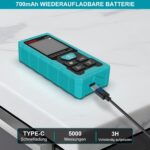 Türkisfarbener Kiprim LD100 Laser-Entfernungsmesser mit grossem LC-Display, grünem Laserstrahl und USB-C-Ladekabel