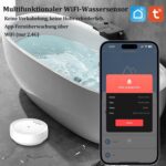 Runder weisser Wassermelder aus Kunststoff mit zwei Sensorkontakten und Testtaste auf der Oberseite, im Dreierset