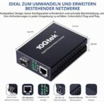 Schwarzer Medienkonverter von 10Gtek im Metallgehäuse mit SFP-Steckplatz, RJ45-Buchse und beiliegendem SFP-Modul