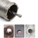 Silberfarbenes Bohrkronen-Set für Mauerwerk mit drei Kronen von 30, 40 und 50 mm, langem SDS-plus-Schaft, Zentrierbohrer und Sechskantschlüssel