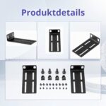 Zwei schwarze Montagewinkel aus Metall mit Langlöchern für 19-Zoll-Racks, daneben Schrauben in M3, M4 und M6 sowie vier Druckknöpfe