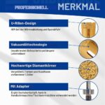 Vier goldfarbene Diamantbohrkronen von SHDIATOOL mit 20, 35, 50 und 68 mm Durchmesser und M14-Gewinde neben dem Sechskant-Schaftadapter