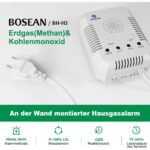 Weisser Bosean BH-H3 Kombimelder für Gas und Kohlenmonoxid mit vier Anzeigeleuchten, RESET- und TEST-Taste und Anschlusskabel mit Eurostecker