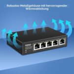 Schwarzer PoE-Extender YuanLey YS-040190PE im Metallgehäuse mit fünf RJ45-Ports und LED-Anzeigen