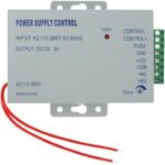Graues Metallgehäuse eines Netzteils für Zutrittskontrolle mit Aufdruck Power Supply Control, achtpoliger Schraubklemmleiste, roter Betriebs-LED, Zeitregler und zwei roten offenen Anschlussleitungen