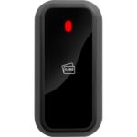 Schwarzer RFID-Kartenleser UHPPOTE in flacher Kunststoffausführung mit Kartensymbol und roter Status-LED