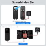 Schwarzer PHYSEN Steckdosen-Empfänger mit blau leuchtendem Ring und der zugehörige Funksender mit Anschlussleitung