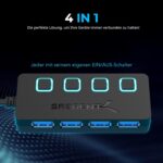 Schwarzer SABRENT USB-Hub mit vier USB-A-Anschlüssen, einzelnen Schaltern und blau markierten Ports.
