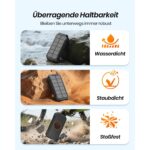 Schwarze A ADDTOP Solar-Powerbank mit ausklappbaren Solarpanels, USB-Anschlüssen und integrierter LED-Leuchte.