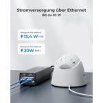 Schwarzer Reolink PoE-Injektor mit zwei RJ45-Buchsen an der Stirnseite