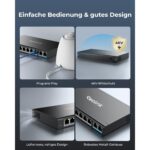 Schwarzer Reolink RLA-PS1 PoE-Switch im Metallgehäuse mit acht PoE-Buchsen und zwei blau markierten Uplink-Ports