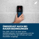 Blau-schwarzes Bosch Professional Ortungsgerät GMS 120-27 mit LCD-Display und roter Markierungsöffnung, daneben schwarze Schutztasche und zwei AA-Batterien