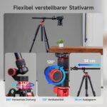 Schwarz-rotes Rollei Aluminiumstativ Compact Traveler No.2 XL mit Kugelkopf, horizontal ausgeklapptem Auslegearm und Smartphone-Halterung