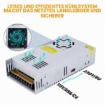 Offenes Schaltnetzteil MEISHILE S-600-12 im silbernen Aluminiumgehäuse mit Lüfteröffnung und Schraubklemmenleiste