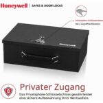 Schwarze Honeywell Dokumentenkassette 6104 aus Stahl mit Tragegriff und Schlüsselschloss, Deckel geöffnet