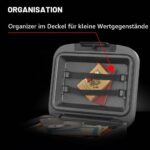 Graue SentrySafe Feuerschutzkassette CHW30220 mit geöffnetem Deckel, Organizer und Rohrschlüsselschloss